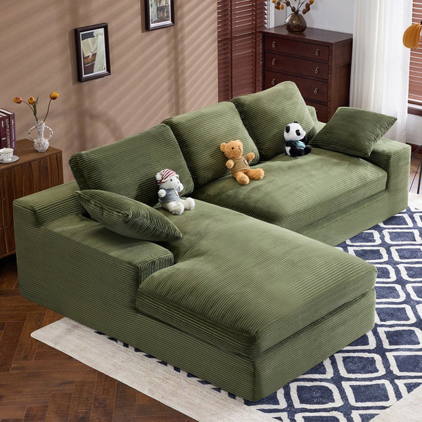 English Elm Green corduroy compressed sofa with 3 back cushions & 2 throw pillows — soft, resilient, space-saving comfort W3612S00016