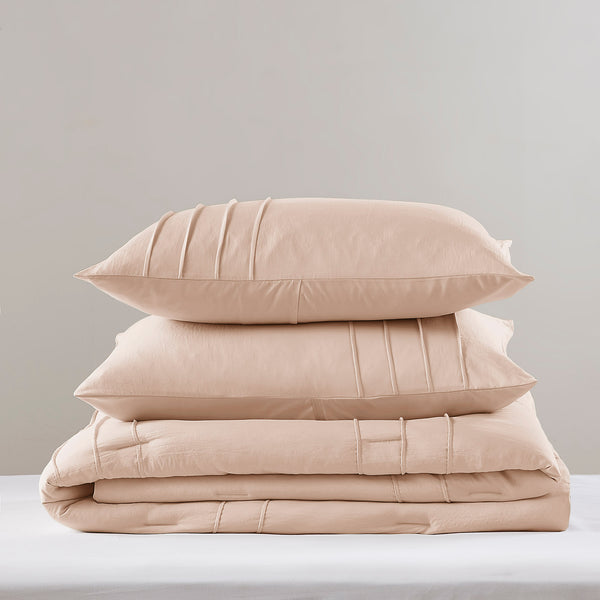 JLA Home Comfort Spaces - Soft Washed Pinch-Pleat Comforter Set with Subtle Grid Texture, Year-Round Breathable Microfiber Luxury Blush AM10-0463