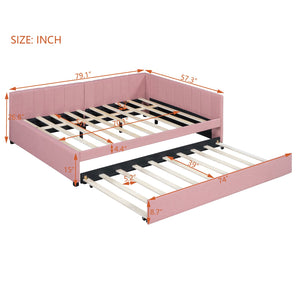 English Elm Full Size Linen Upholstered Daybed with Pull Out Trundle Sofa Frame for Bedroom Pink LP000173AAH-1