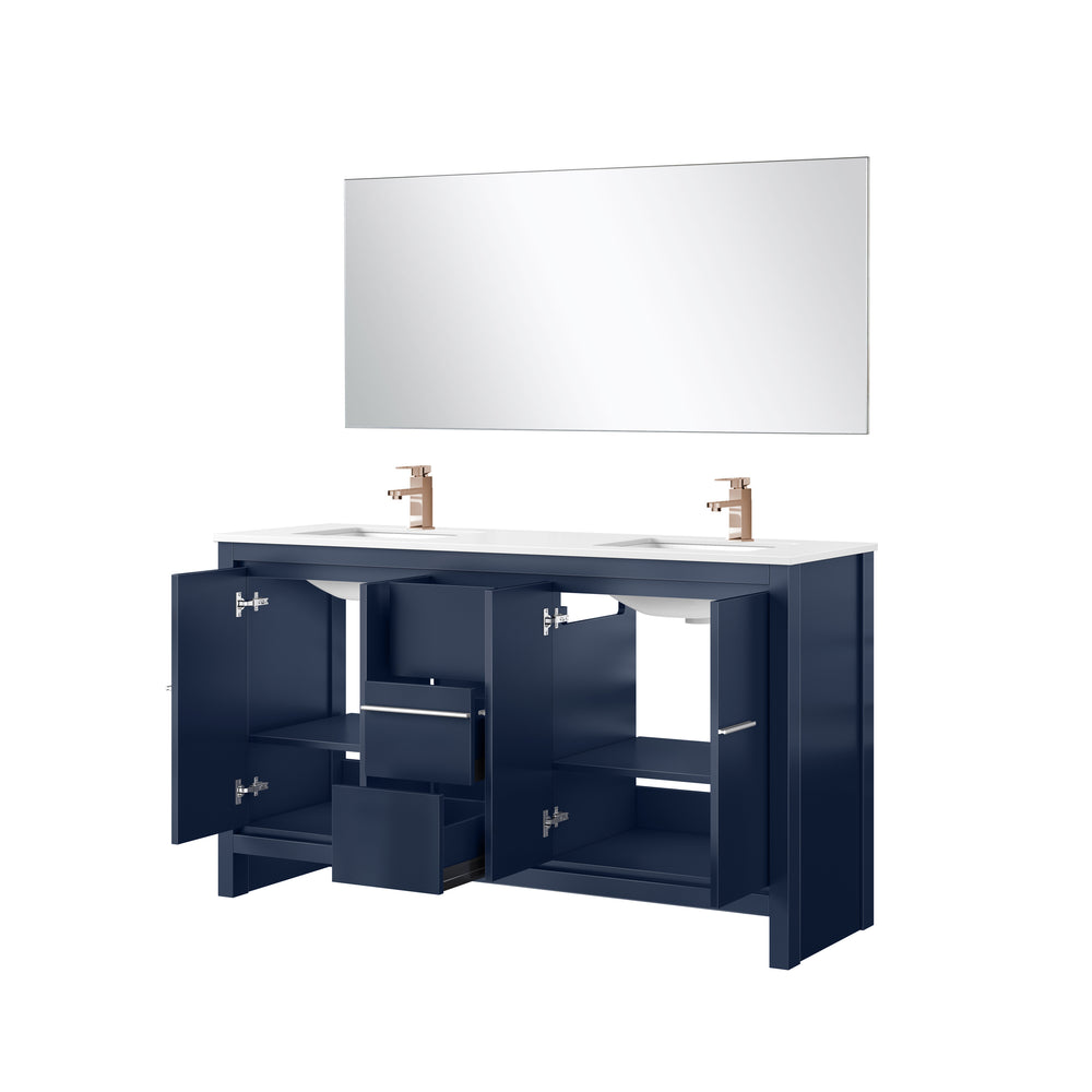 English Elm Navy Blue Double Bath Vanity 60" W With Cultured Marble Top, Rose Gold Faucet & 55" Mirror Set B2731S01728