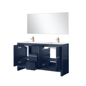 English Elm Navy Blue Double Bath Vanity 60" W With Cultured Marble Top, Rose Gold Faucet & 55" Mirror Set B2731S01728