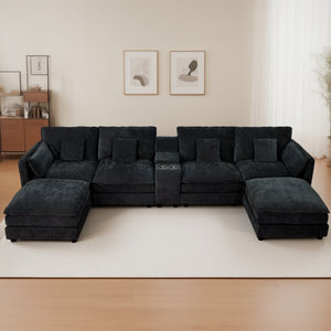 English Elm U Shaped Sectional Cloud Couch for Living Room 144" Plush Modular Sofa with Ottoman Storage Console Cupholders Black W3276S00011