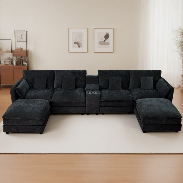 English Elm U Shaped Sectional Cloud Couch for Living Room 144" Plush Modular Sofa with Ottoman Storage Console Cupholders Black W3276S00011