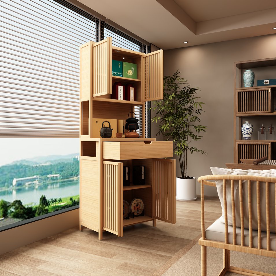 English Elm 72-foot-tall, bamboo double-door storage cabinet in natural finish with drawers, eco-friendly high-capacity organizer for bedroom, bathroom, dining, living rooms W2207P242502