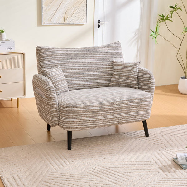 English Elm Modern tufted two-seater sofa with boucle upholstery, tapered legs, storage pockets and plush comfort for small spaces and offices khaki W395P376587