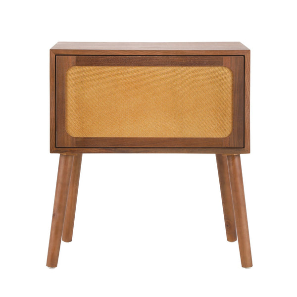 English Elm Rotating Rattan Nightstand Push Open Hidden Storage Mid Century Wood Leg Bedside Walnut N761P288451N