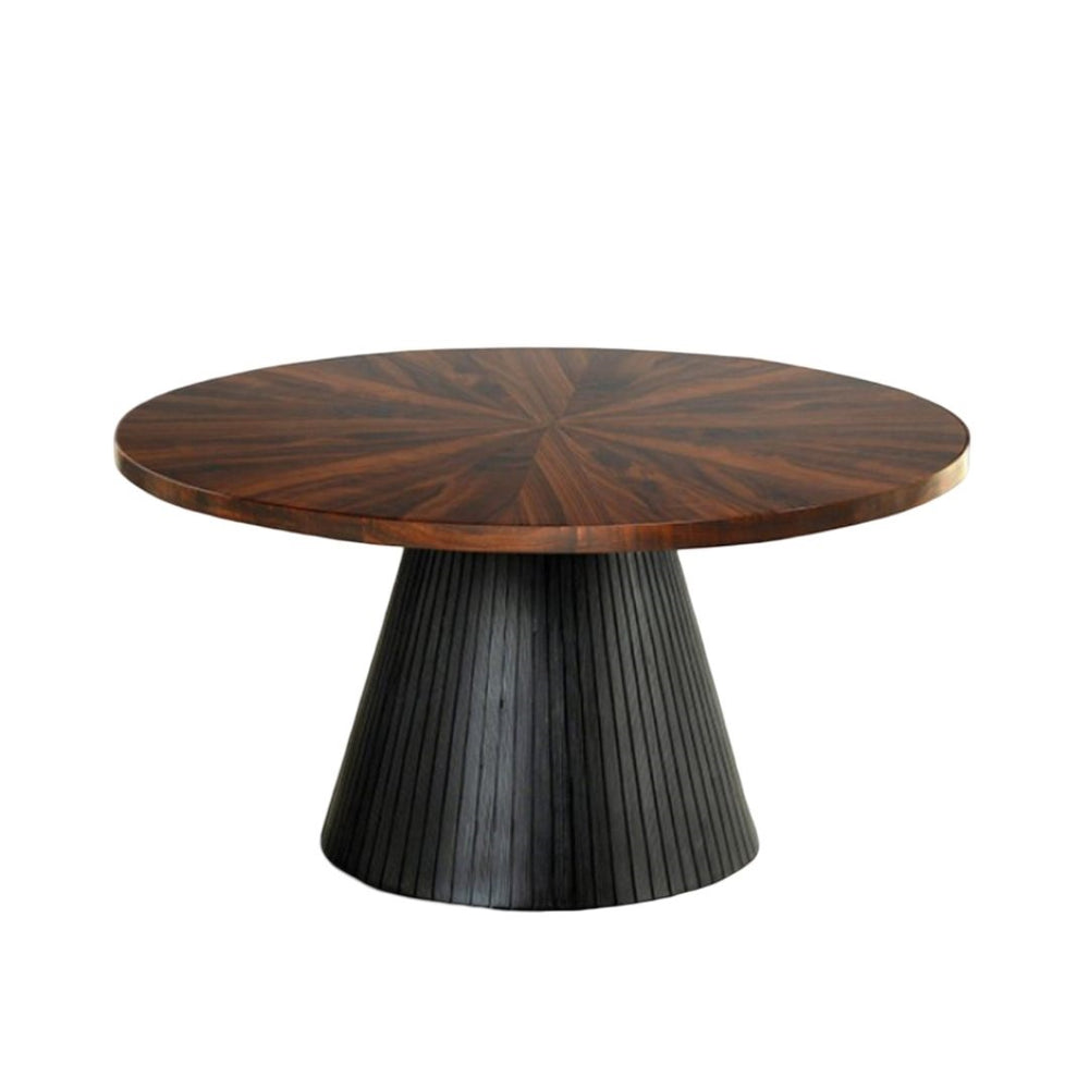 English Elm Contemporary Round Coffee Table With Parquet Top And Textured Black Drum Base For Modern Living Spaces B2741S00623