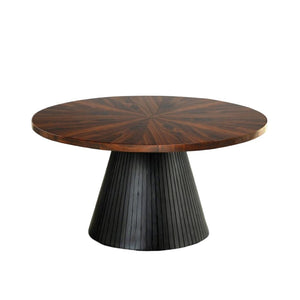 English Elm Contemporary Round Coffee Table With Parquet Top And Textured Black Drum Base For Modern Living Spaces B2741S00623