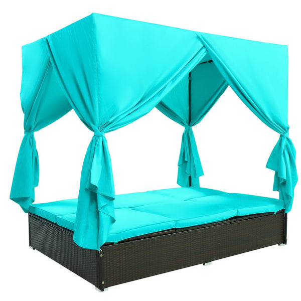 English Elm U_style Outdoor Double Daybed Resort Canopy Lounge with Steel Frame and Adjustable Backrests Blue WY000476AAC