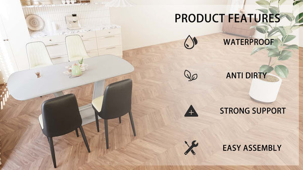 English Elm 62.99-78.74" Extendable Dining Set with 4 Pu Leather Chairs Seats up to Eight Beige+Grey,Black W2189S00859