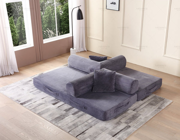 English Elm Convertible Sleeper Sofa Bed Corduroy Folding Mattress Couch with Cylindrical Pillow, Versatile Comfort and Support Gray W3199P277911