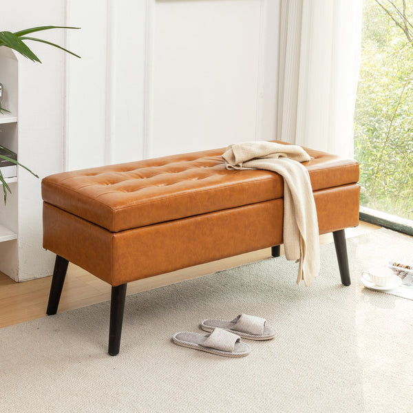 English Elm Storage Bench Upholstered Linen Entryway Ottoman with 300 lb Capacity, Hidden 7.8" Storage, Solid Wood Legs Brown W2200P152167