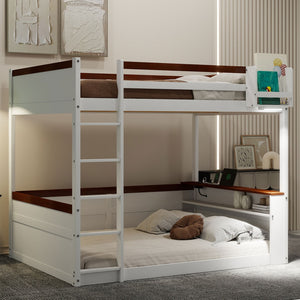 English Elm Queen Size Wooden Bunk Bed With Storage, Led Light, Usb Charging & Shelves For Modern Living Space N7090005006K-GIGA