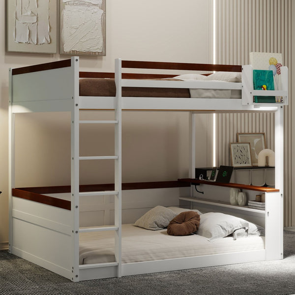 English Elm Queen Size Wooden Bunk Bed With Storage, Led Light, Usb Charging & Shelves For Modern Living Space N7090005006K-GIGA