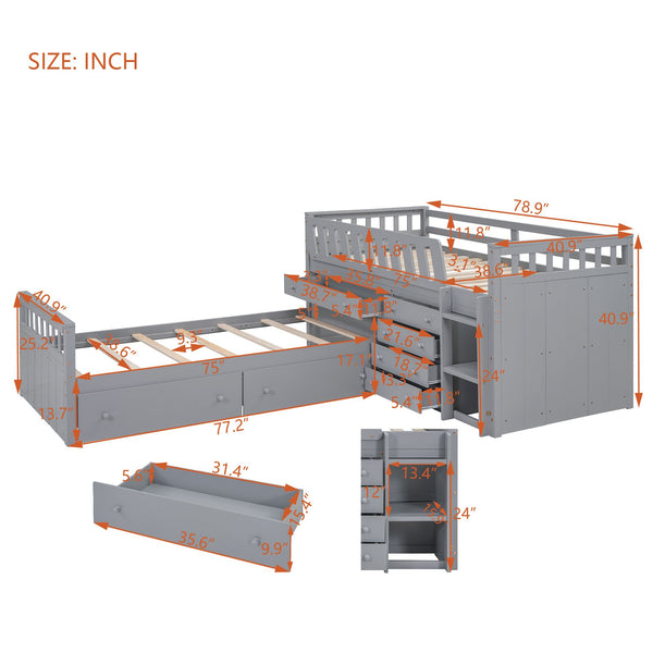 English Elm L-shaped Twin Loft Platform Bed with 7 Drawers Full Guardrails Kids White Pine LT000853AAE