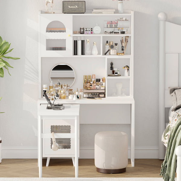 English Elm Computer Desk with 90 Degree Rotating Top, Space-Saving 43x70 Office Desk w/ Drawer, Shelves & Cabinets N733S363716K