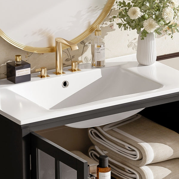English Elm Christopher Knight Home® - 30" Modern Bathroom Vanity with Ceramic Sink, Tempered Blurred Glass Doors, Rubber Wood Frame Storage Matte Black N817P279904B