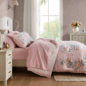 JLA Home Madison Park Essentials - 7 Piece Vintage-inspired Collection Floral Bedding Set with Reversible Comforter, Silky Microfiber Elegance Pink MPE10-1183