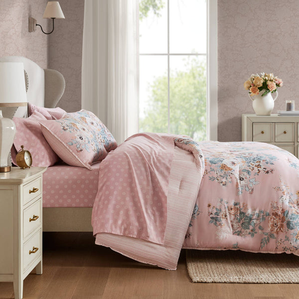 JLA Home Madison Park Essentials - 7 Piece Vintage-inspired Collection Floral Bedding Set with Reversible Comforter, Silky Microfiber Elegance Pink MPE10-1183