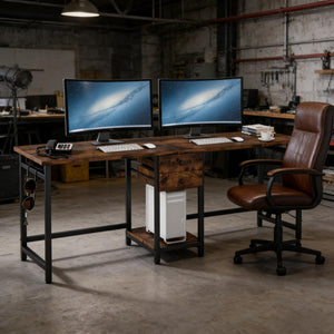 English Elm Computer Desk Two Person Wood Grain Workstation with Drawers for Shared Home Office Black,Rustic Brown T3971P453399