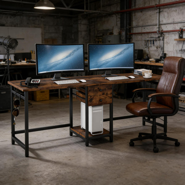 English Elm Computer Desk Two Person Wood Grain Workstation with Drawers for Shared Home Office Black,Rustic Brown T3971P453399
