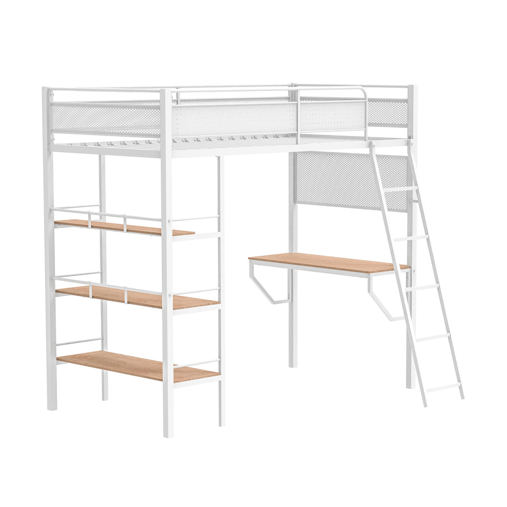English Elm Metal Full Over Twin Bunk Bed with Built in Desk Powder Coated Steel Study Loft Matte White B016S00063