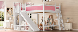 English Elm Queen Solid Pine Loft Bed with Wardrobe Shelves Detachable Slide and Dual Sleeping Zones Pink,White W5305S00026