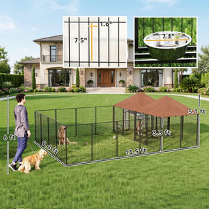 English Elm Large Steel Welded Wire Outdoor Dog Kennel Two Rooms Pvc Roof Adjustable Bowls T3971S00246