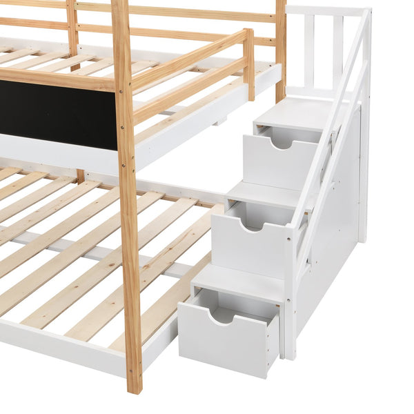 English Elm Twin Over Solid Pine House Bunk Bed with Blackboard Storage Staircase W495S00013