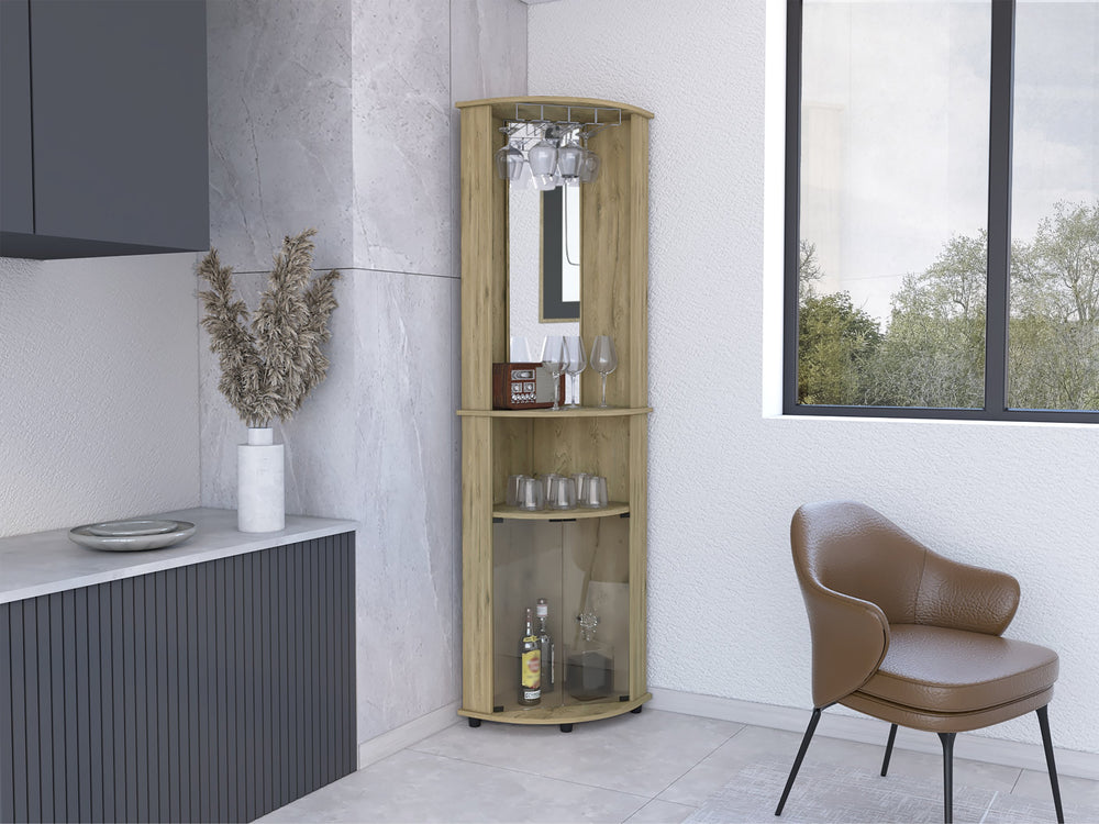 English Elm Chicago 75" Mirrored Corner Bar Cabinet Beige with Glass Doors, Stemware Rack, Mirror & Shelves B200P239804