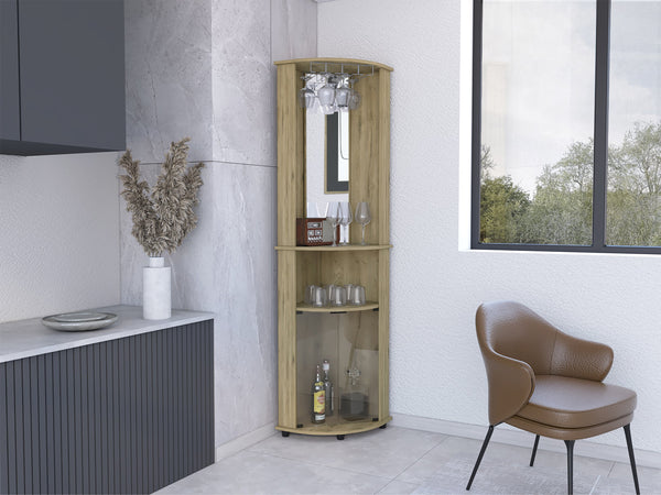 English Elm Chicago 75" Mirrored Corner Bar Cabinet Beige with Glass Doors, Stemware Rack, Mirror & Shelves B200P239804