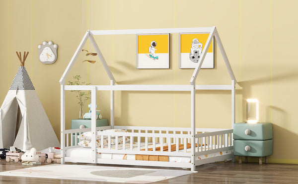 English Elm Full Size House Floor Bed With Roof Frame & Safety Guardrails - Cozy, Imaginative Retreat For Kids W504P286408