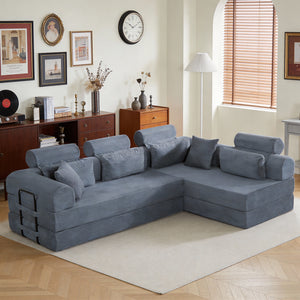 English Elm L Shaped Corduroy Sectional Sofa Converts to Sleeper Bed Space Saving Modular Couch Dark Gray W5532S00010