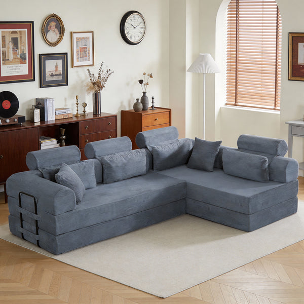 English Elm L Shaped Corduroy Sectional Sofa Converts to Sleeper Bed Space Saving Modular Couch Dark Gray W5532S00010
