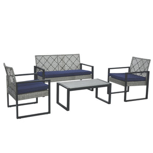 English Elm 4-Piece Patio Set with Acacia Wood Table, Light Gray Rattan & Blue Cushions — Durable, Weather-Resistant Seating for Balcony W2391P265430