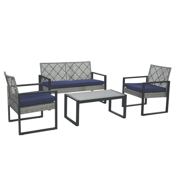 English Elm 4-Piece Patio Set with Acacia Wood Table, Light Gray Rattan & Blue Cushions — Durable, Weather-Resistant Seating for Balcony W2391P265430