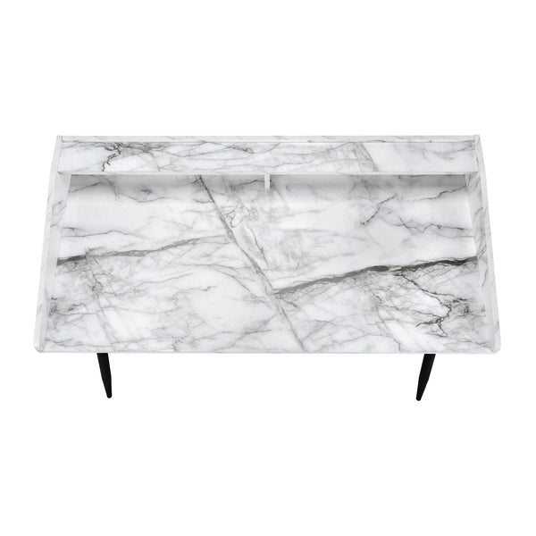 English Elm Computer Desk With White Marble Top & Black Metal Frame - Stylish Home Office Workstation With Storage B2710P219825