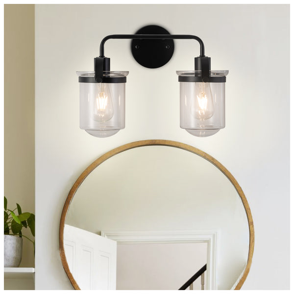 English Elm 2-Light Matte Black Modern Sconce with Clear Glass Shades, Industrial Wall Light for Bathroom Vanity_x000F_ T3177P283990