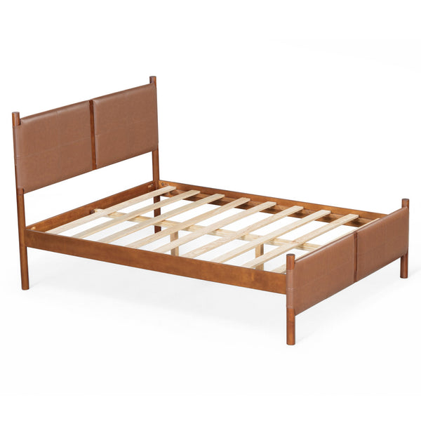 English Elm Christopher Knight Home® - Queen Upholstered Leather Headboard Bed Frame with Solid Wood Slats, Mid-Century Modern Support, No Box Spring Needed Brown N758D928485N