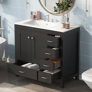 English Elm 36" Black Bathroom Vanity with Ceramic Sink, 2 Soft-Close Doors & 5 Drawers, Modern Storage Elegance N729P183735B