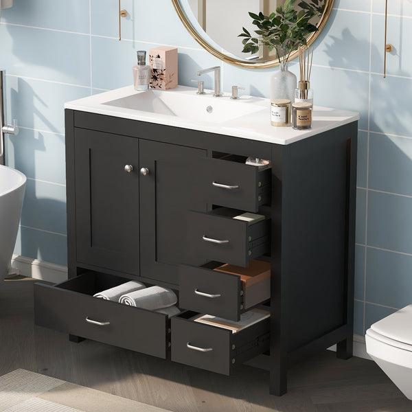 English Elm 36" Black Bathroom Vanity with Ceramic Sink, 2 Soft-Close Doors & 5 Drawers, Modern Storage Elegance N729P183735B