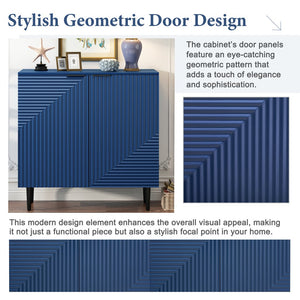 English Elm Mirod Lacquered Side Cabinet Geometric Door Panels Metal Legs Adjustable Interior Shelves Navy Blue N760P221050M