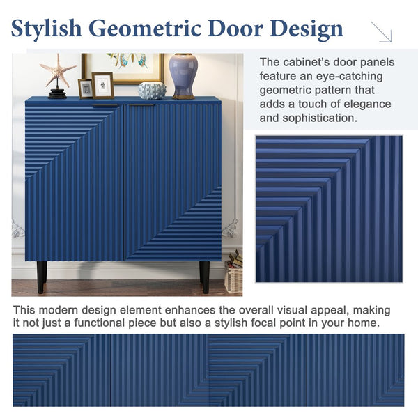 English Elm Mirod Lacquered Side Cabinet Geometric Door Panels Metal Legs Adjustable Interior Shelves Navy Blue N760P221050M