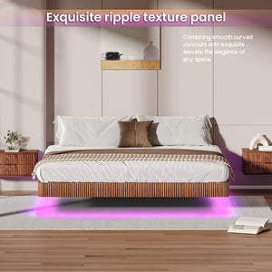 English Elm Walnut Floating King Bed Frame with LED Lights, Wave Curve Wood Texture, 1000LB Heavy Duty Metal Slats W1820P333576