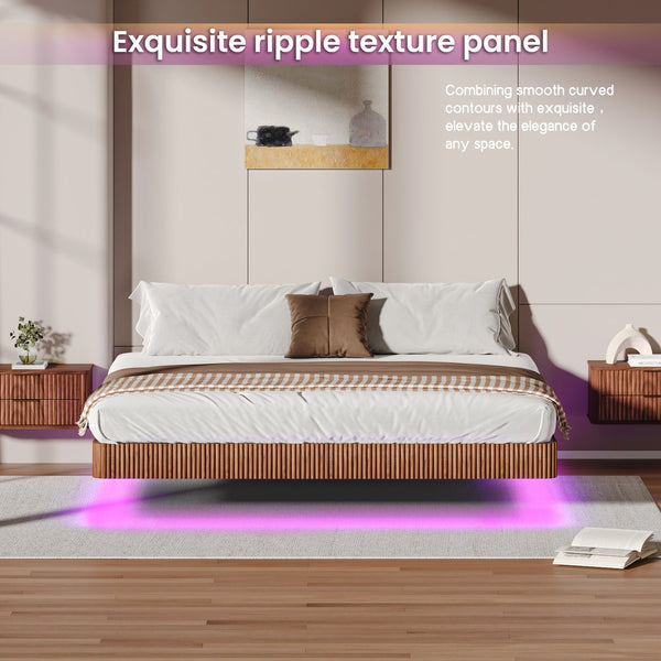 English Elm Walnut Floating King Bed Frame with LED Lights, Wave Curve Wood Texture, 1000LB Heavy Duty Metal Slats W1820P333576