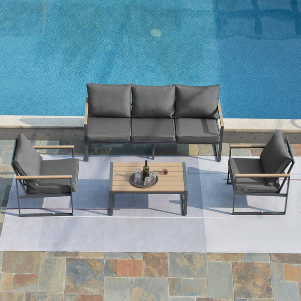 English Elm Outdoor 4 Piece Aluminum Conversation Set Faux Wood Frame with Grey Cushions W2071S00005