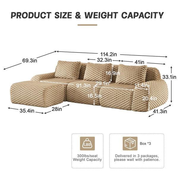 English Elm 114" Modular L-shaped Sectional Flannelette Sofa with Ottoman for Spacious Living Rooms Light Camel W714S01512