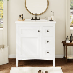 English Elm 30 Inch Bathroom Vanity with Ceramic Sink and 3 Smooth-Glide Drawers, Modern Moisture-Resistant Storage White N710P252105K
