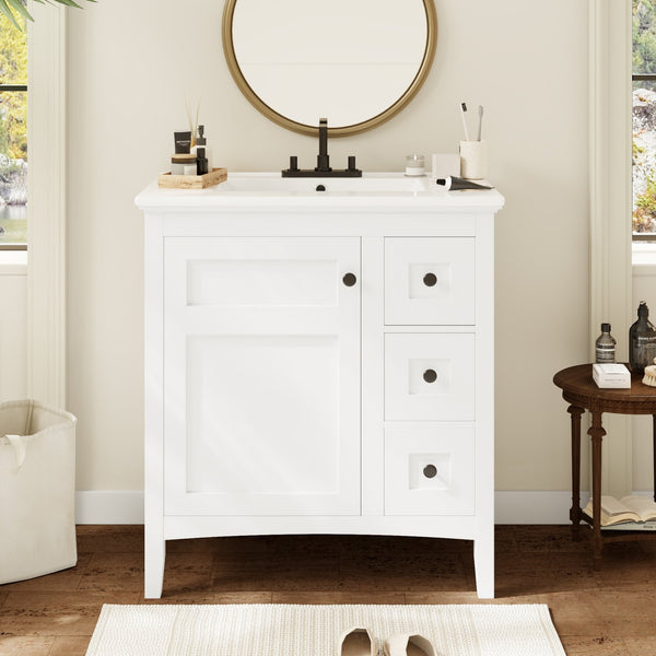 English Elm 30 Inch Bathroom Vanity with Ceramic Sink and 3 Smooth-Glide Drawers, Modern Moisture-Resistant Storage White N710P252105K