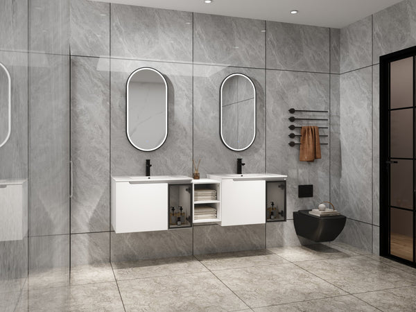 English Elm 72" Floating Double Bathroom Vanity Plywood Cabinet Ceramic Sinks Soft Close Doors W999S00533